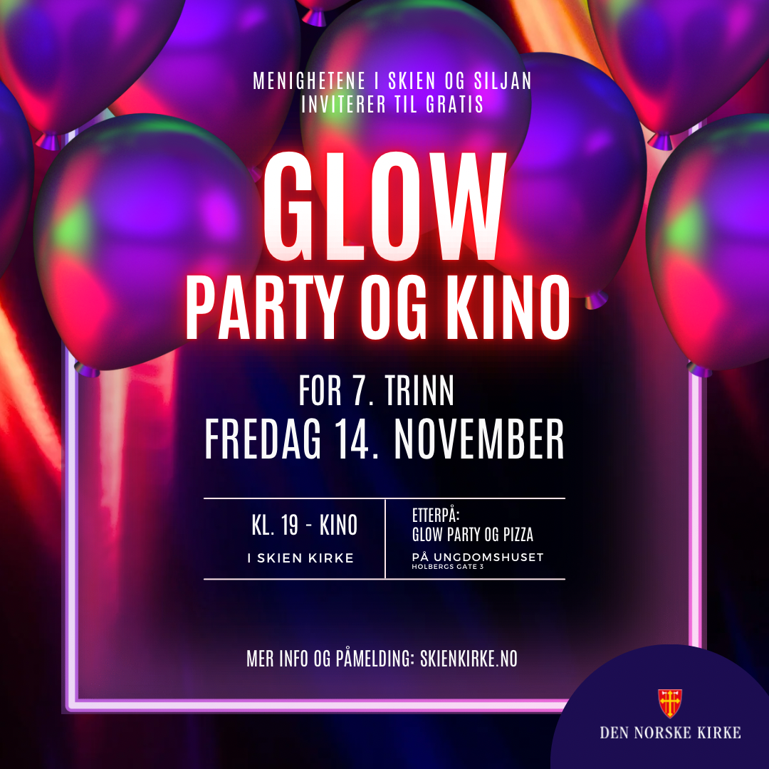 Bilde av ballonger, og informasjon om arrangementet Glow og kino i Skien kirke